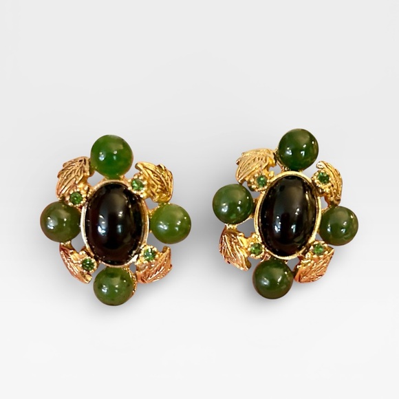 Vintage St. John Jade Beaded Gold-tone Clip-on Earrings